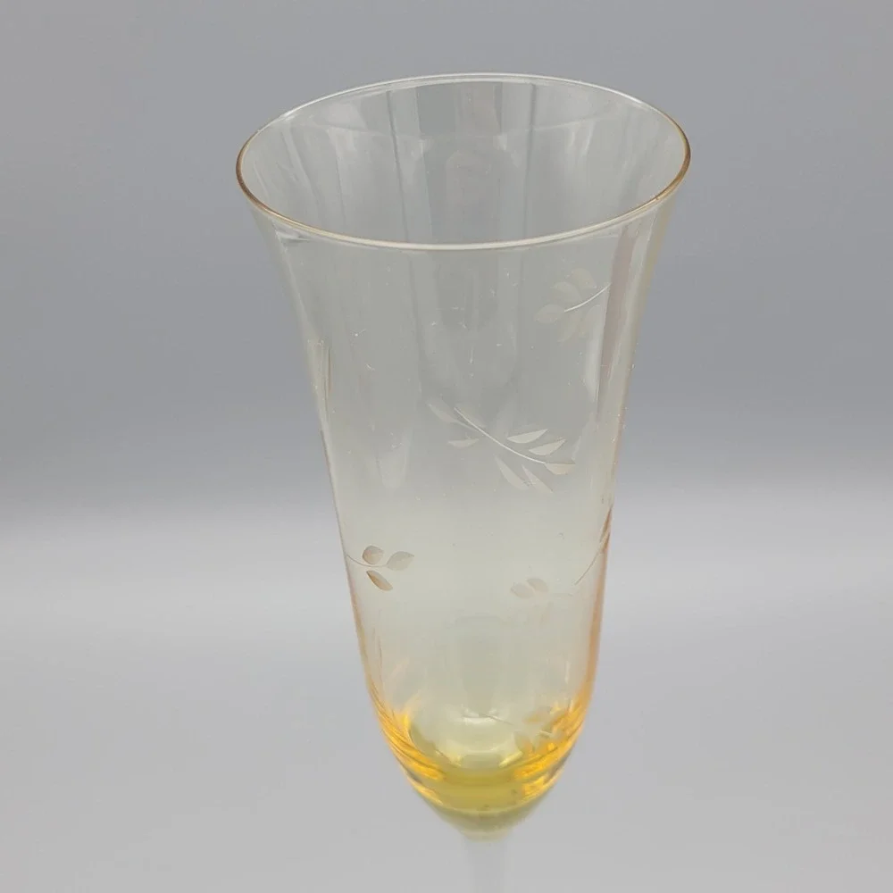 Vintage Block Crystal Champagne Flutes Pair Etched Pink‎ Amber Wedding New Years